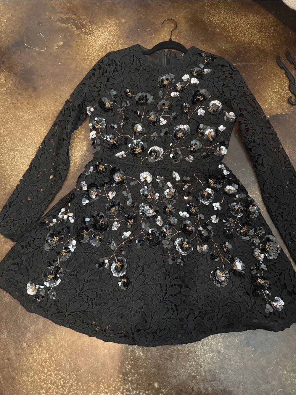Muse Black Lace Long-Sleeve Floral Embroidered Dress